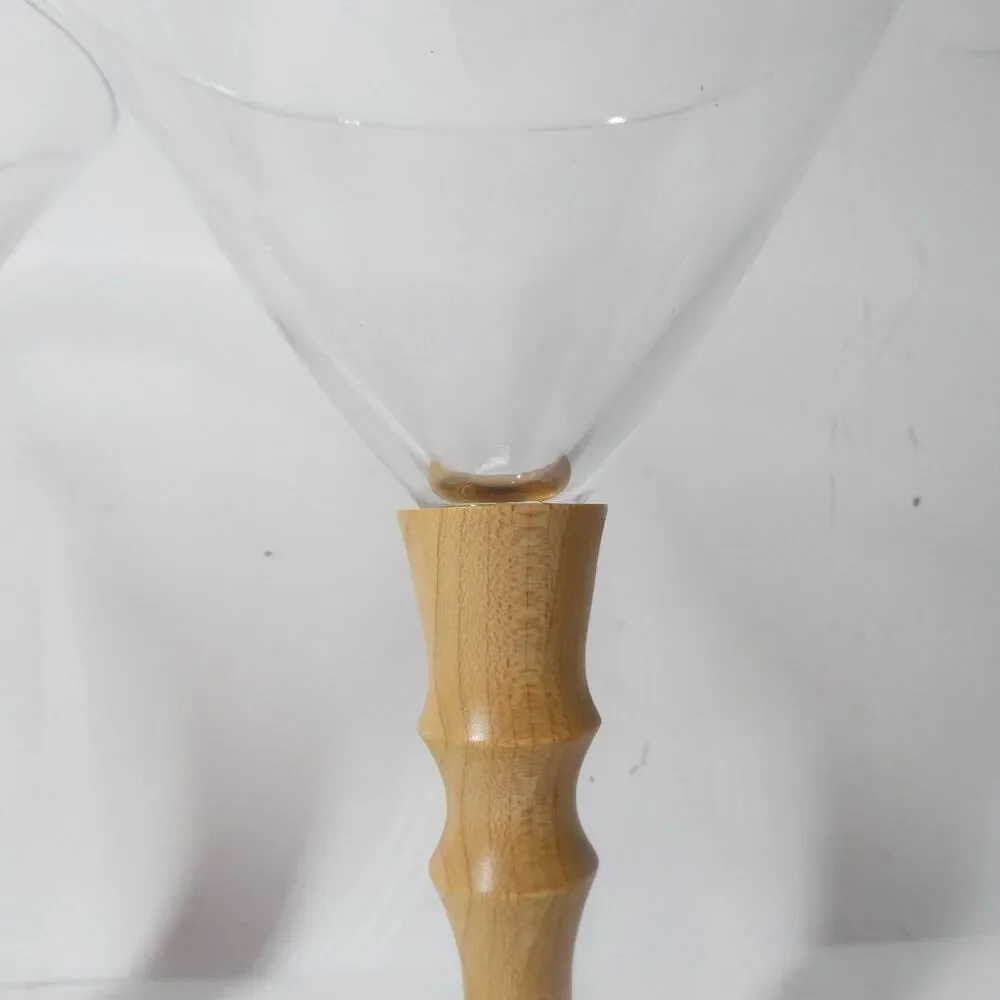 3 Turned Wood Stem Martini Glasses Signed Handmade Wooden